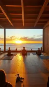 Sunset view from a serene yoga studio, with individuals practicing yoga on mats, enhancing relaxation and wellness during vacation.