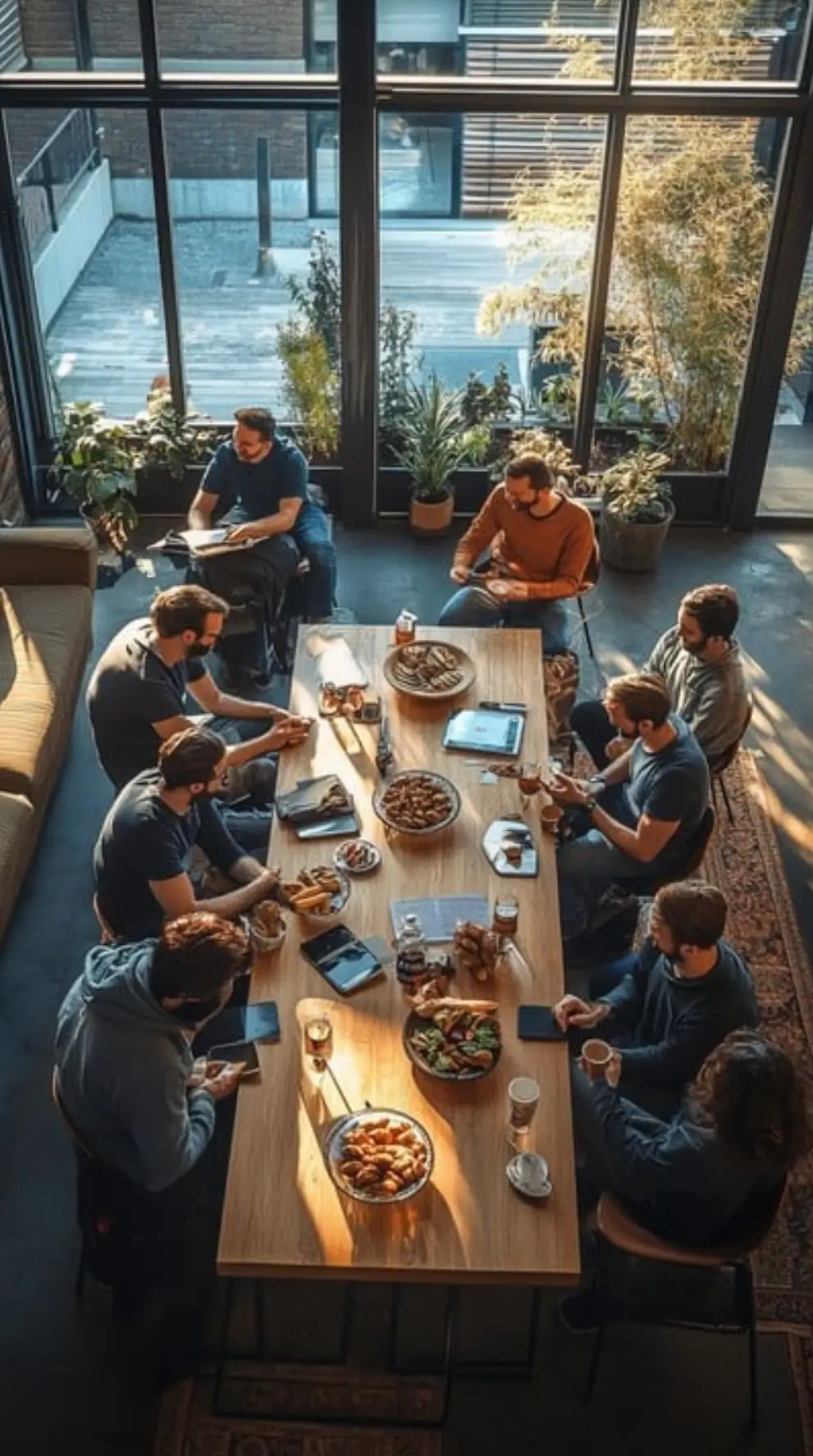 Group of people enjoying a meal around a wooden table filled with various dishes, including croissants and salads, in a bright, modern dining space with large windows and plants, illustrating a private dining experience.