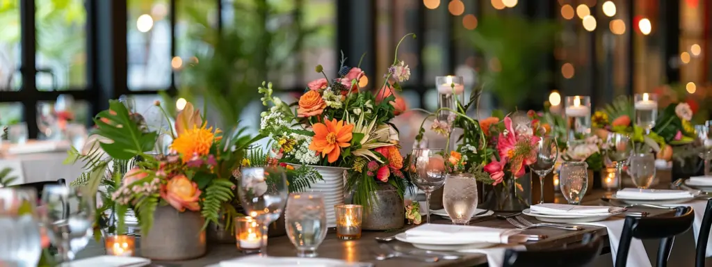 a beautifully arranged indoor event space showcases an elegantly set table for a stylish wedding celebration, with vibrant floral centerpieces, soft ambient lighting, and carefully curated decorative elements, epitomizing chef rob's collective's commitment to tailored and memorable events in atlanta.