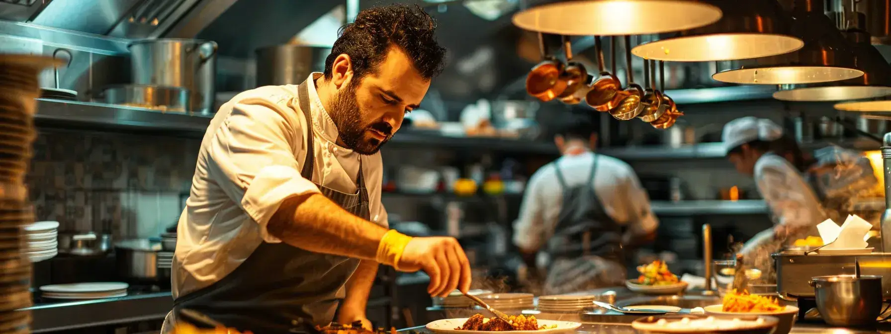 a chic, contemporary kitchen showcases chef rob passionately plating an intricately designed dish, surrounded by elegant dinnerware and the warm ambiance of a refined dining experience, reflecting his dedication to culinary artistry in georgia's vibrant food scene.