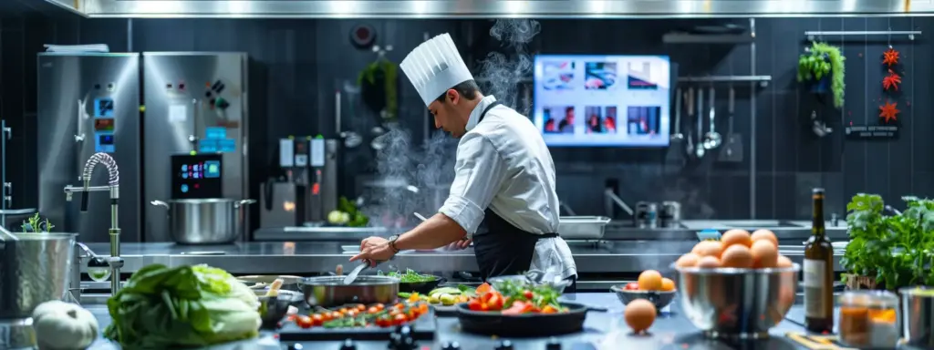 a modern, sleek kitchen bustling with activity, featuring chef rob passionately preparing gourmet dishes amidst vibrant ingredients, with a digital screen displaying social media updates and event schedules in the background.