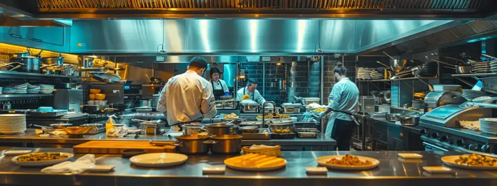 a sleek, modern kitchen filled with vibrant, plated gourmet dishes showcases chef rob's culinary collective at its finest, with chefs passionately collaborating amidst a backdrop of polished stainless steel and warm, ambient lighting.