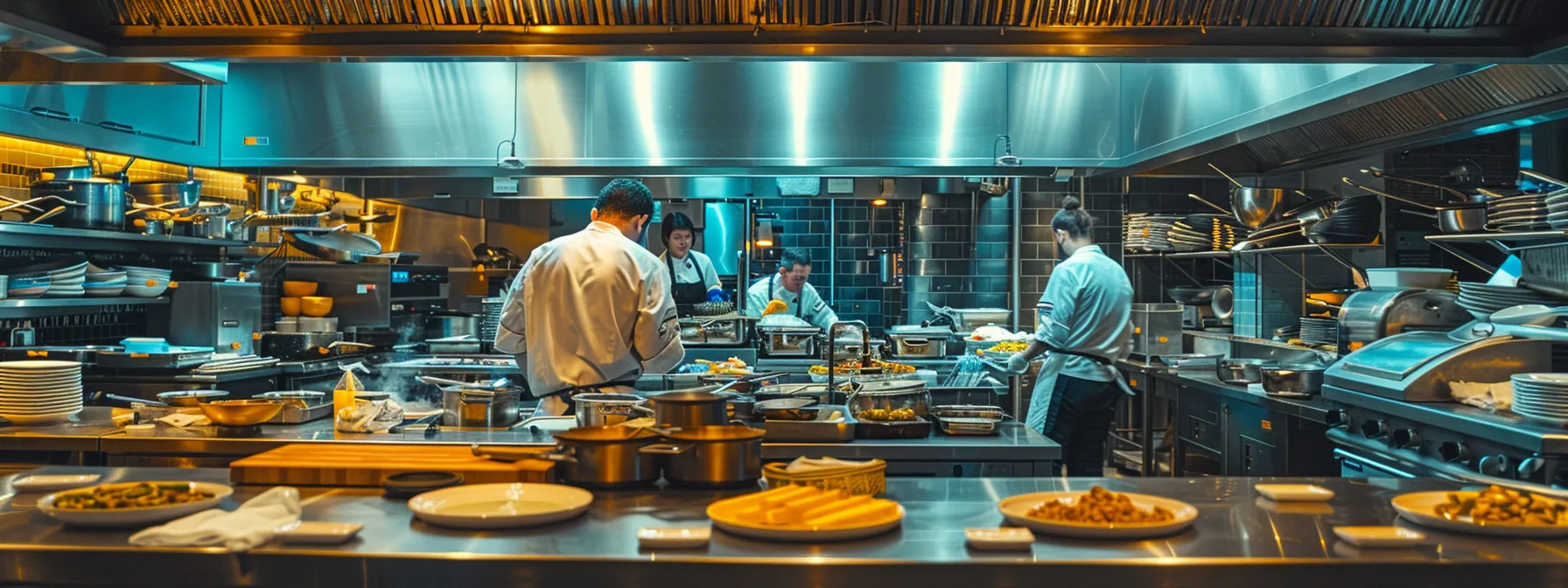 a sleek, modern kitchen filled with vibrant, plated gourmet dishes showcases chef rob's culinary collective at its finest, with chefs passionately collaborating amidst a backdrop of polished stainless steel and warm, ambient lighting.