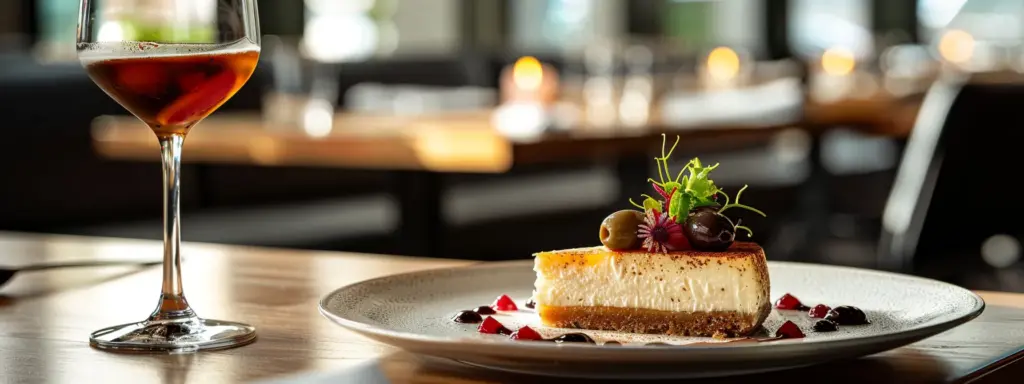 a vibrant, elegantly arranged dining table showcases a gourmet cheesecake alongside a signature olive drink, set against a sleek, modern restaurant backdrop that reflects chef rob's culinary collective's innovative spirit and commitment to local partnerships.