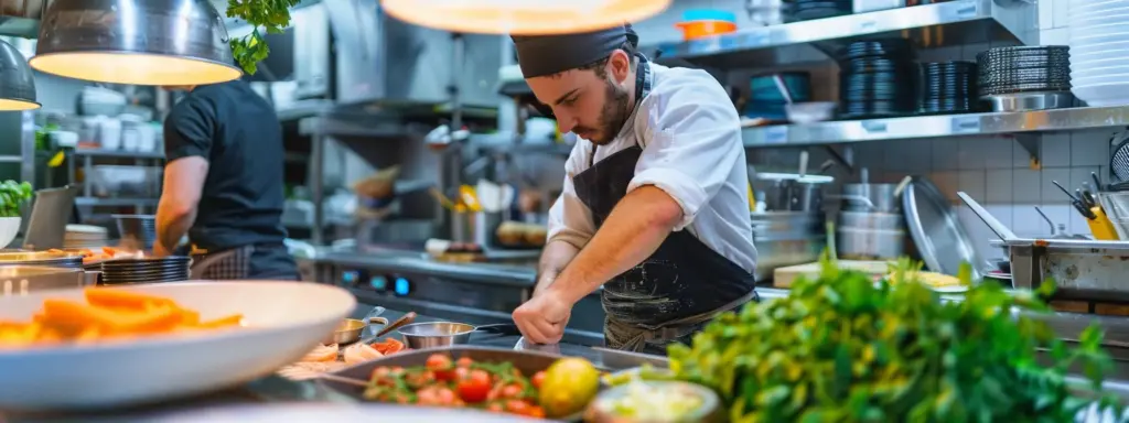 a vibrant, modern kitchen workspace bustling with activity, showcasing chef rob as he expertly prepares a colorful array of locally-sourced ingredients, reflecting sustainable culinary practices in the heart of atlanta's catering scene.