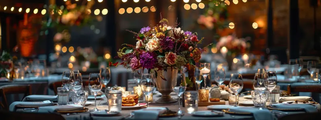 an elegantly set dining table adorned with exquisite floral centerpieces and a sumptuous array of gourmet dishes, including glistening crab cakes, under warm, ambient lighting in a sophisticated atlanta event space.
