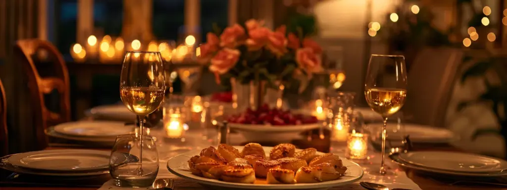 an elegantly set dining table adorned with gourmet plates of scallops and pie in a luxurious atlanta home, illuminated by soft, warm lighting that highlights the intimate atmosphere of an exclusive in-home dining experience.