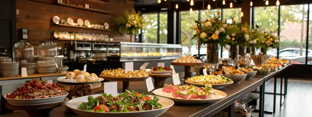 an upscale event space in atlanta, elegantly set for a catered banquet, showcases an array of beautifully arranged dishes and a polished service area, reflecting the sophistication and customizability of chef rob's culinary collective.