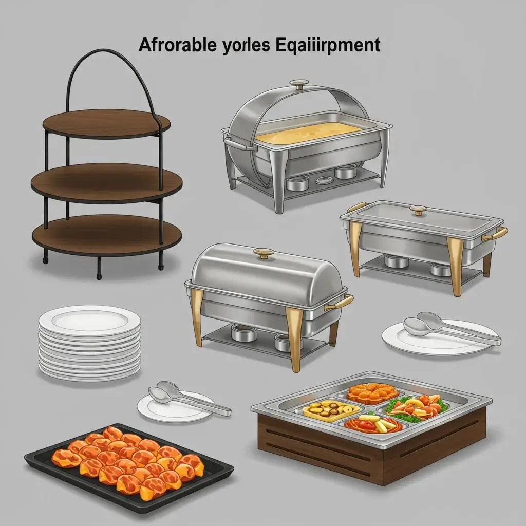 Affordable serving equipment options for a high-end buffet appearance, featuring tiered stands and chafing dishes