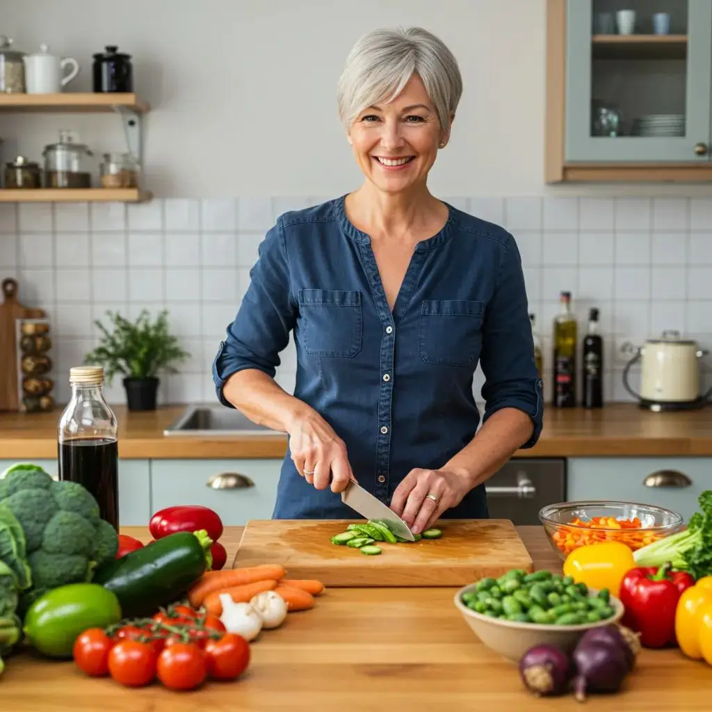 A skilled chef artfully prepares a vibrant, healthy dish using fresh, organic ingredients in a sunlit kitchen