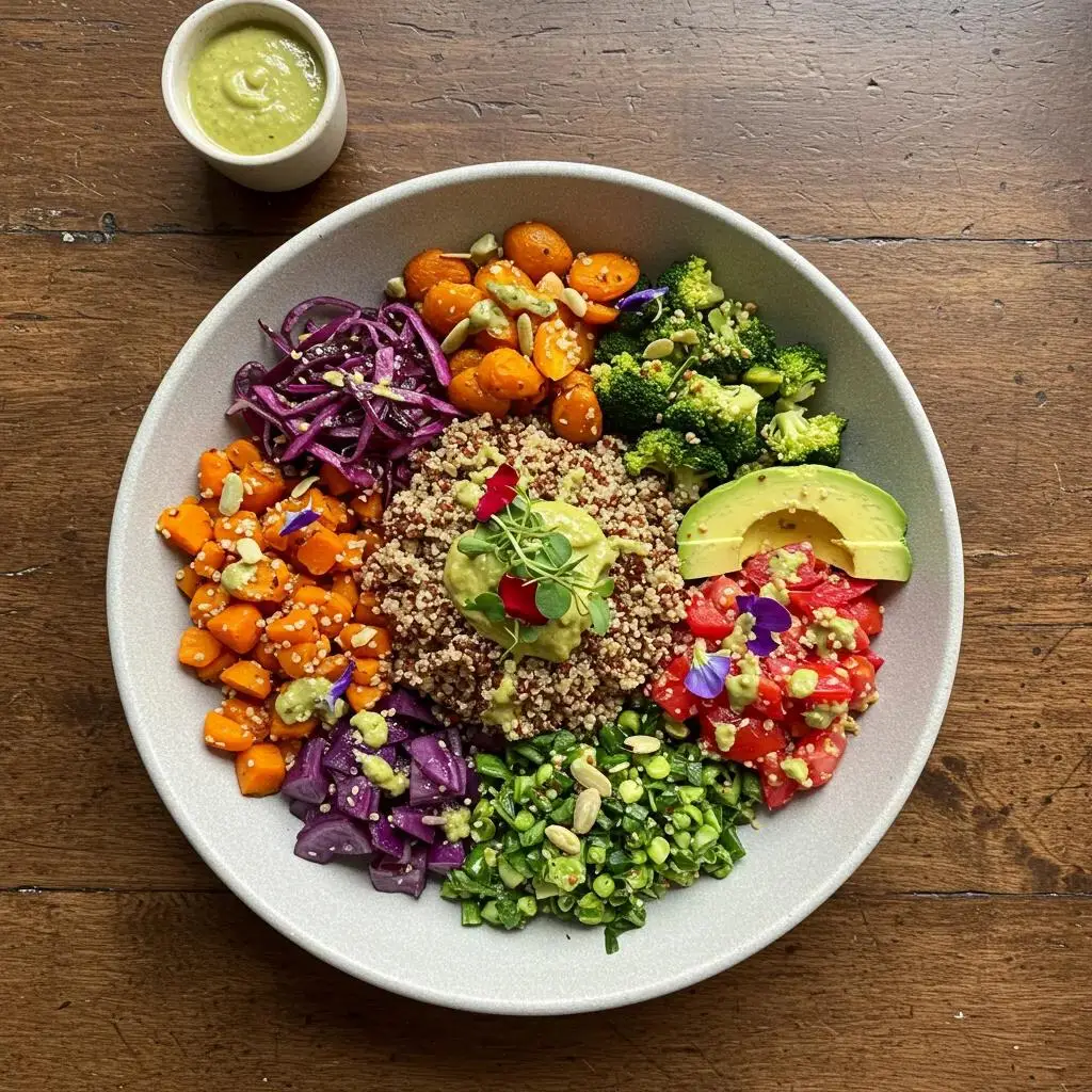 Vibrant plant-based Buddha bowl featuring quinoa, roasted vegetables, and a creamy tahini dressing