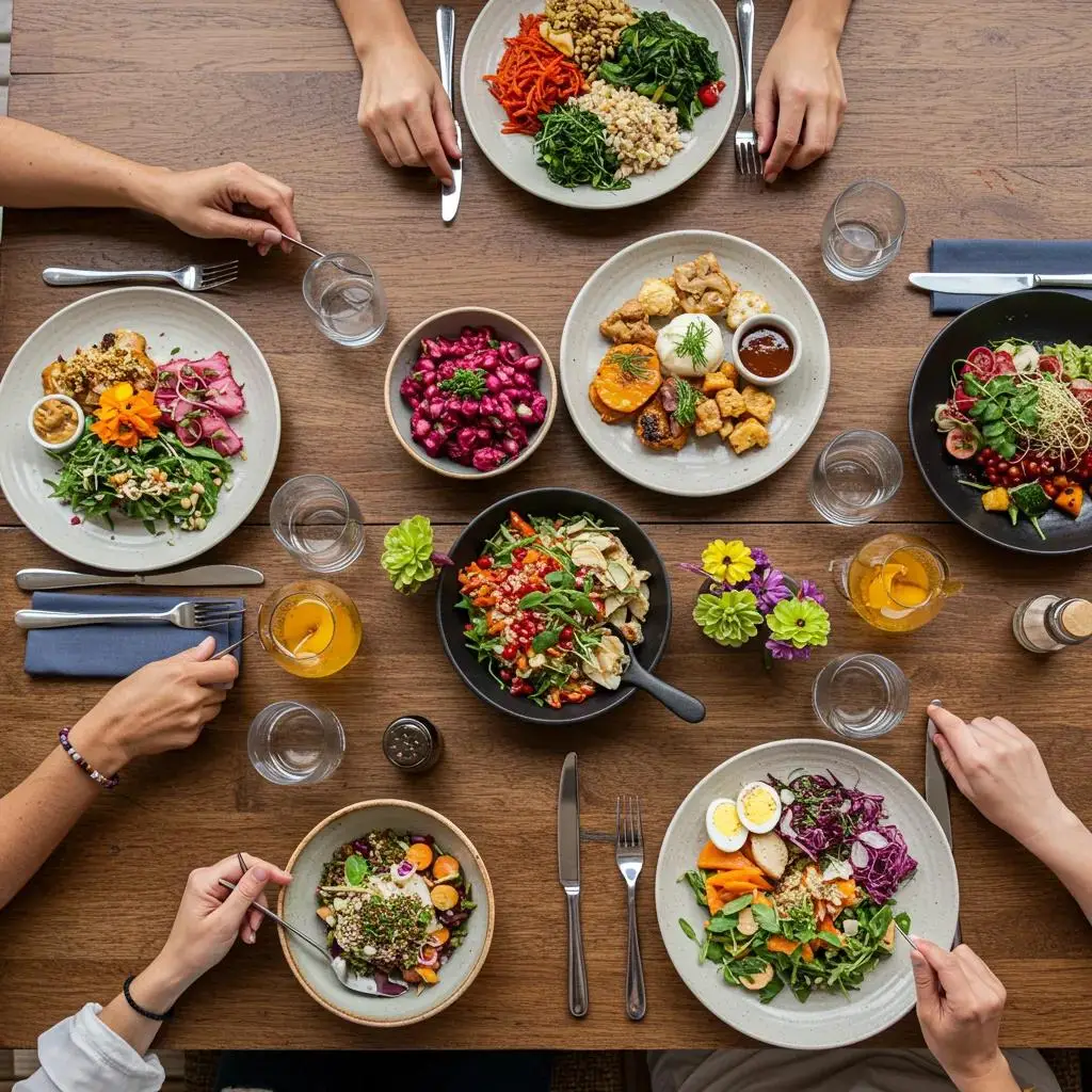 A beautifully set dining table for a wellness retreat, adorned with colourful plant-based dishes, with guests savouring their meals