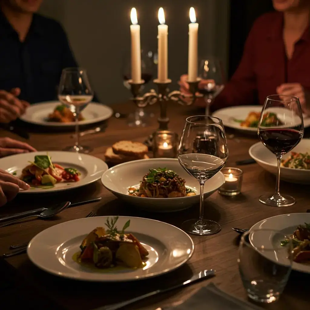 Elegant dining table set for a Dinner with Strangers event, featuring gourmet dishes and a warm atmosphere