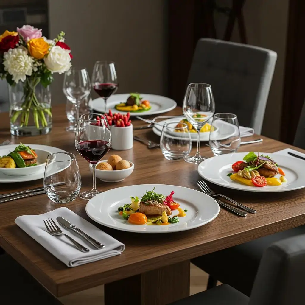 An elegantly set dining table featuring artfully presented gourmet meals