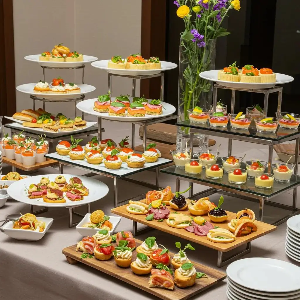 Elegant plated buffet display showcasing a variety of colorful dishes and sophisticated decor