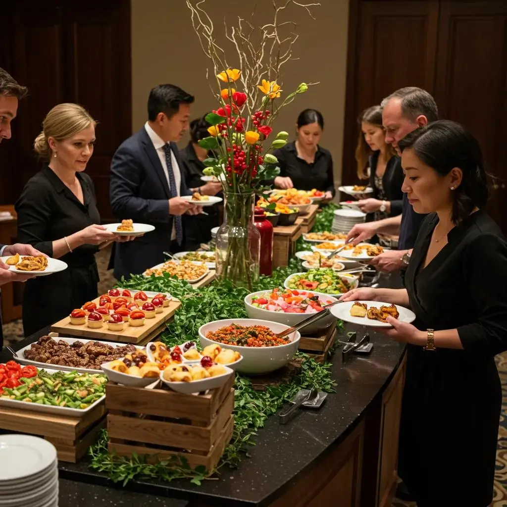 Guests enjoying a plated buffet, selecting side dishes and desserts at an elegant buffet station