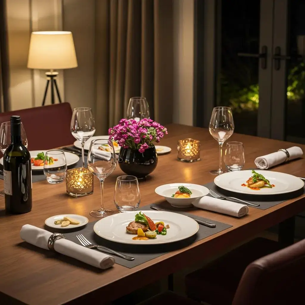 Luxurious dining setup with gourmet dishes and elegant tableware representing private chef services in Atlanta