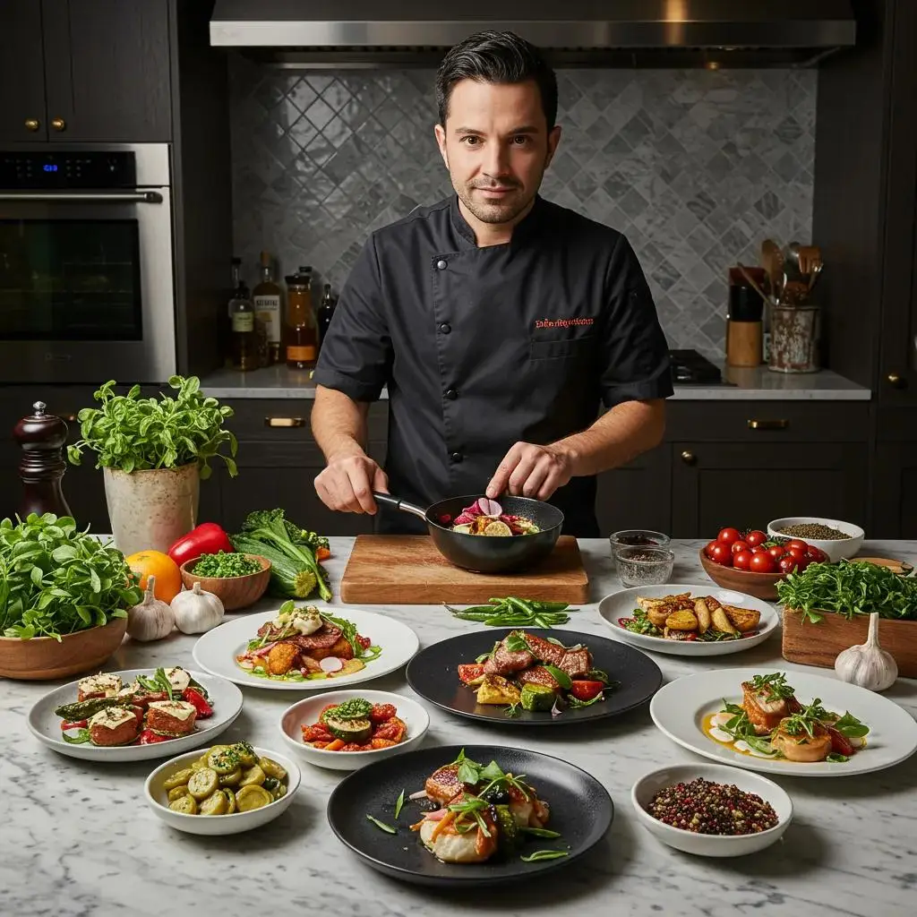 Luxury personal chef preparing gourmet meals in a stylish kitchen