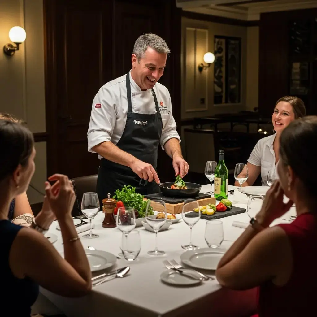 Luxury private chef demonstration with a chef preparing gourmet dishes in an elegant dining setting