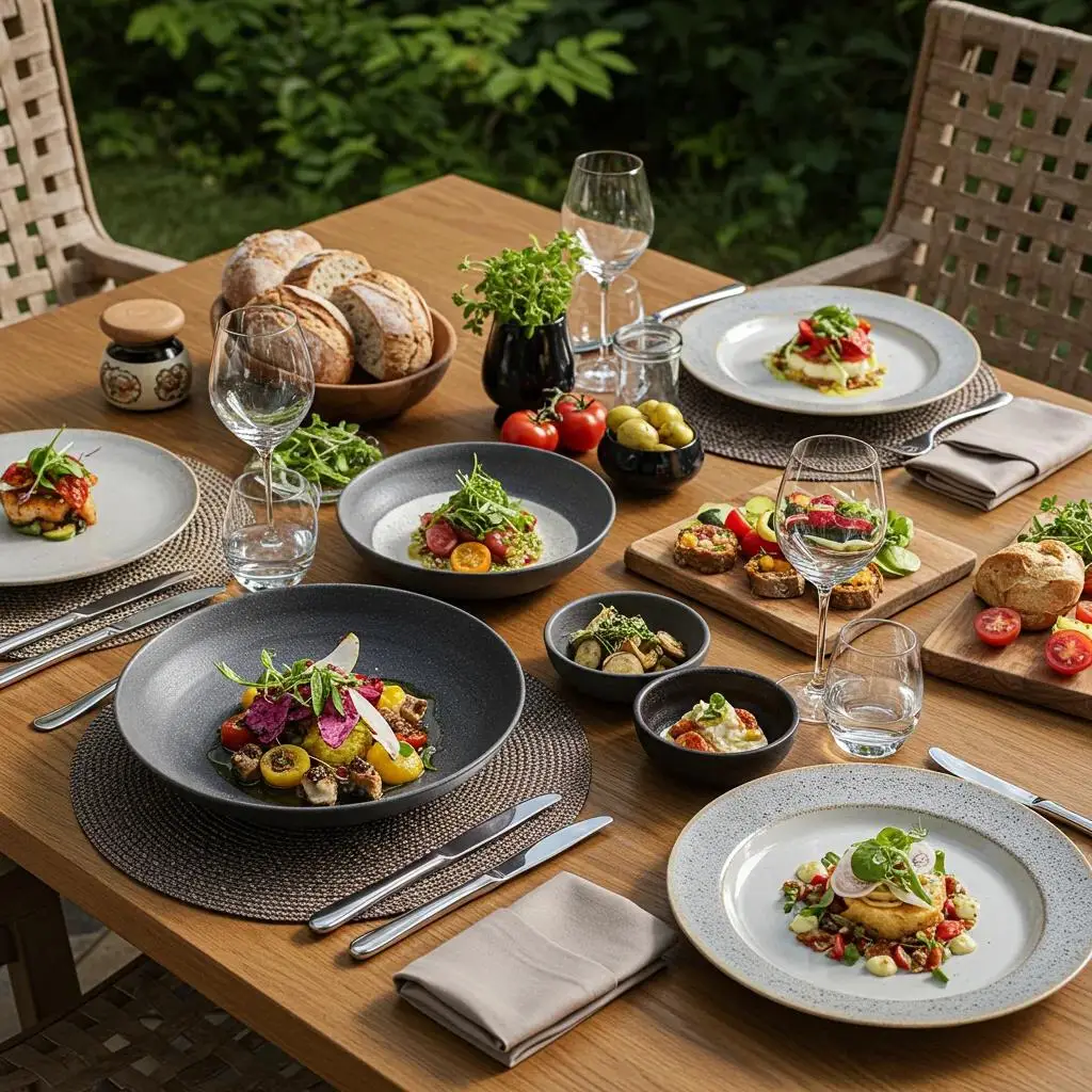 Luxury retreat meal setup with gourmet dishes and elegant tableware