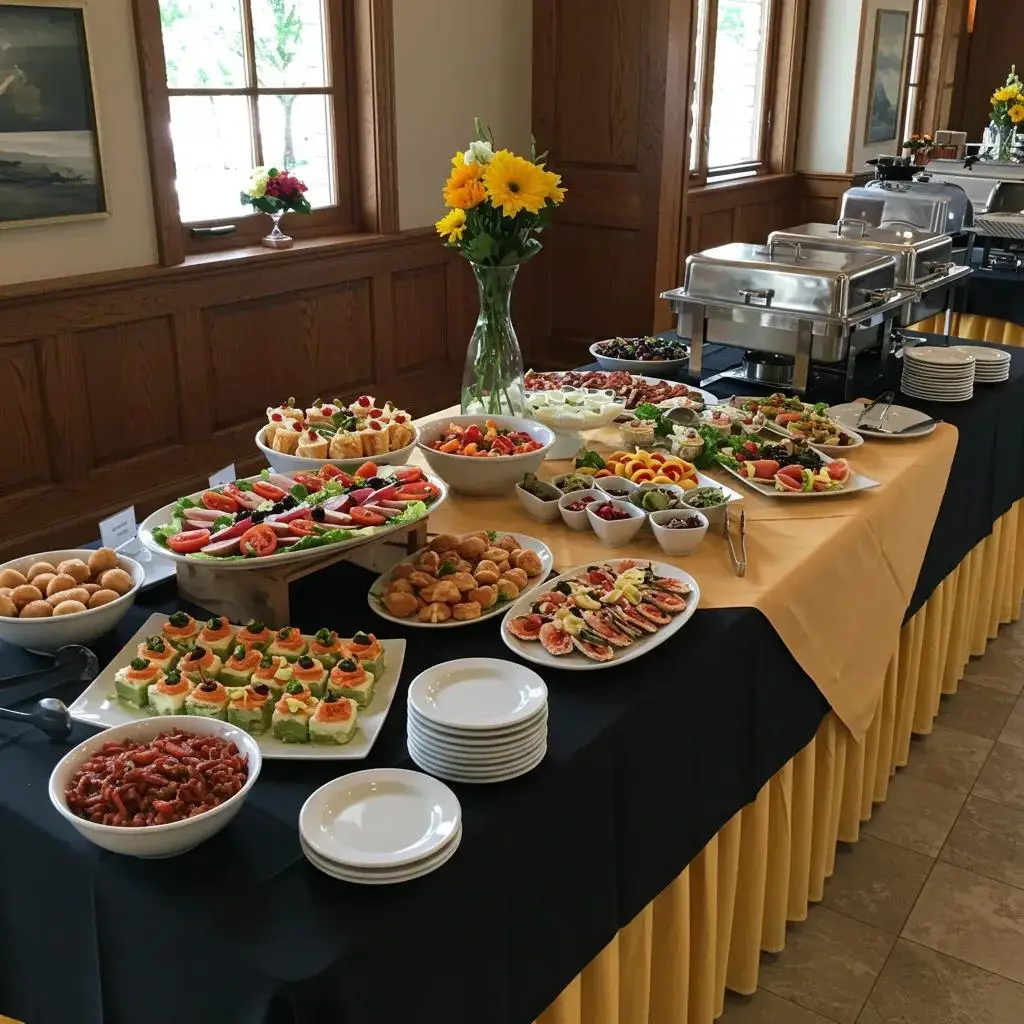 Organized buffet table setup demonstrating clear zones for smooth guest flow and elegant presentation