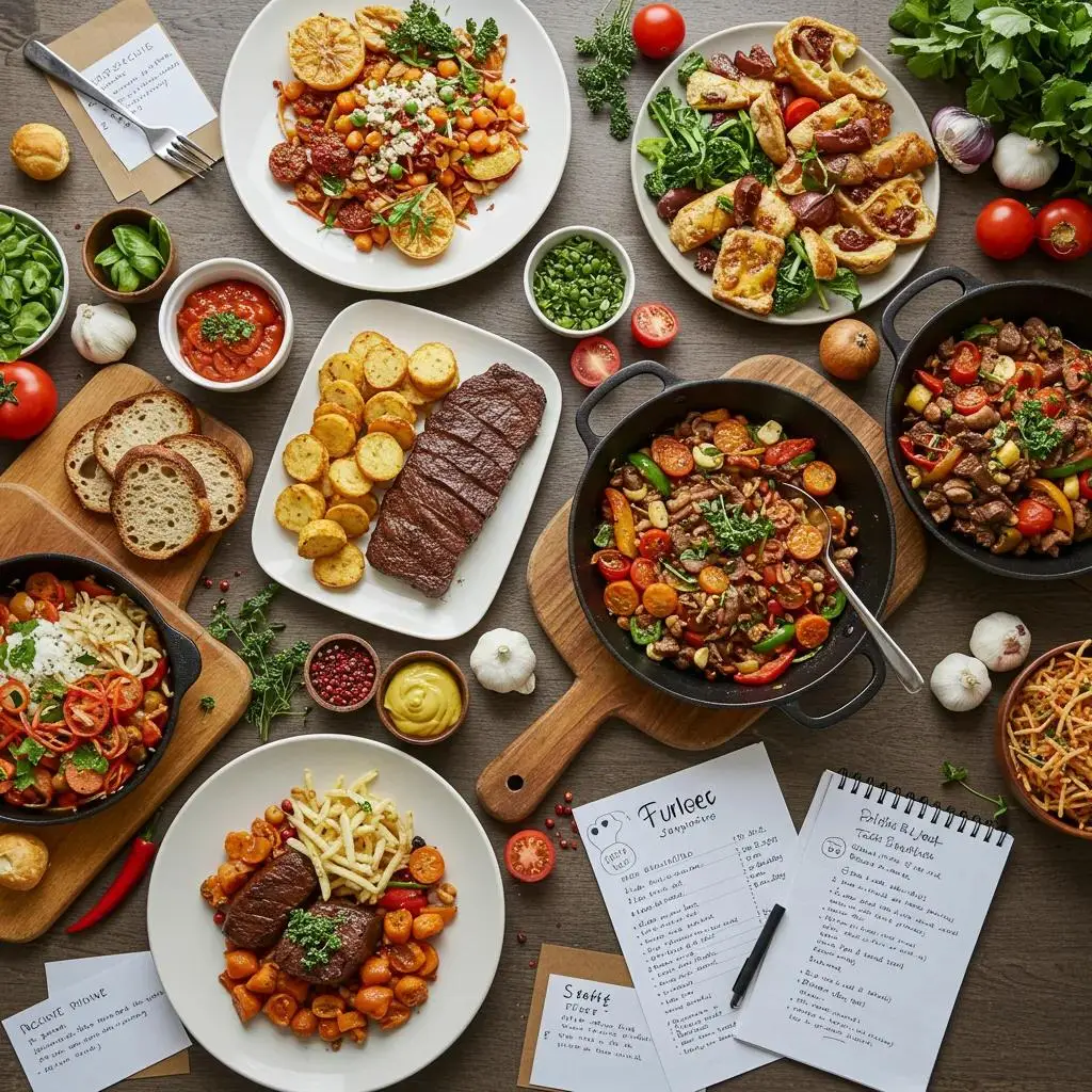 Overhead view of a buffet menu planning session with diverse dishes and fresh ingredients