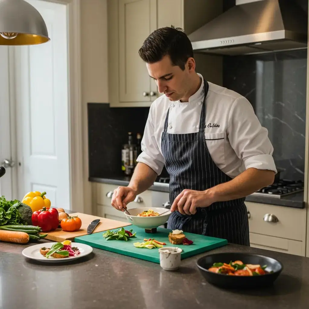 A private chef meticulously preparing a gourmet meal in a stylish home kitchen, highlighting the personalized nature of the dining experience