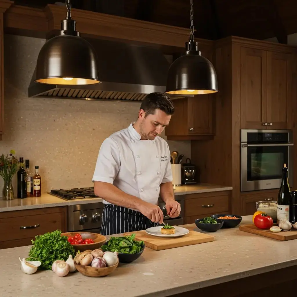Private chef meticulously preparing a gourmet meal in a high-end kitchen setting
